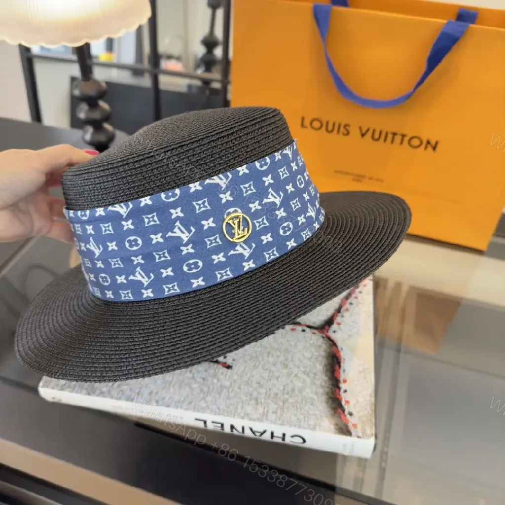 View 7 of Black Woven Hat with Blue Band and LV Charm | Wide Brim