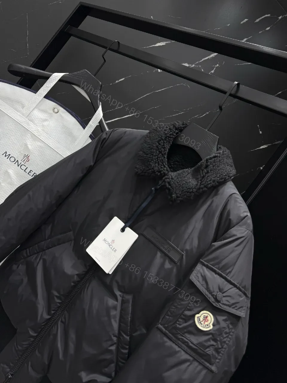 View 4 of Dark Nylon Bomber: Plush Sherpa Collar Jacket with Quilted Shell