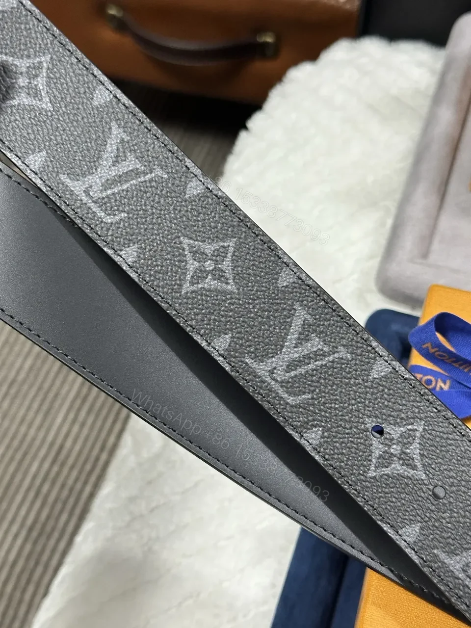 View 3 of Black Matte Canvas Belt, Gunmetal Buckle, 30mm, Monogram Luxe