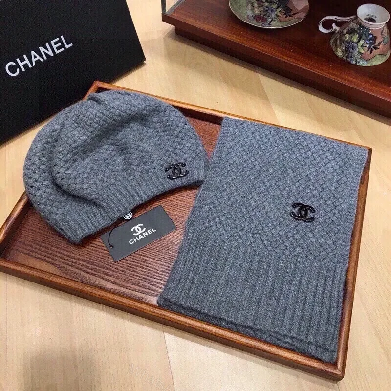 View 2 of Muted Gray Knit Set: Cozy Luxury Scarf & Beanie with Logo Hardware