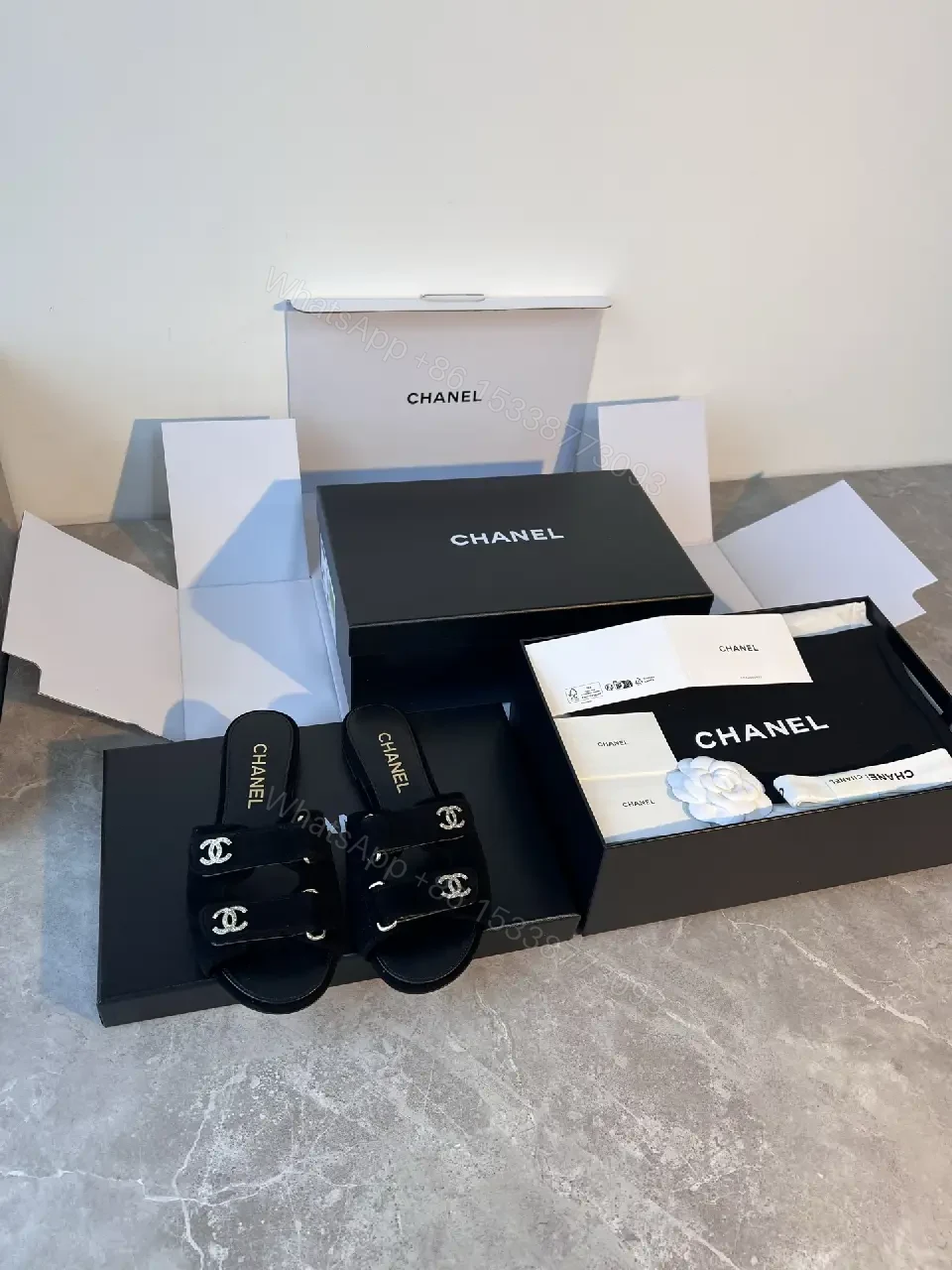 View 4 of Black Velvet Slide Sandals with Signature Hardware