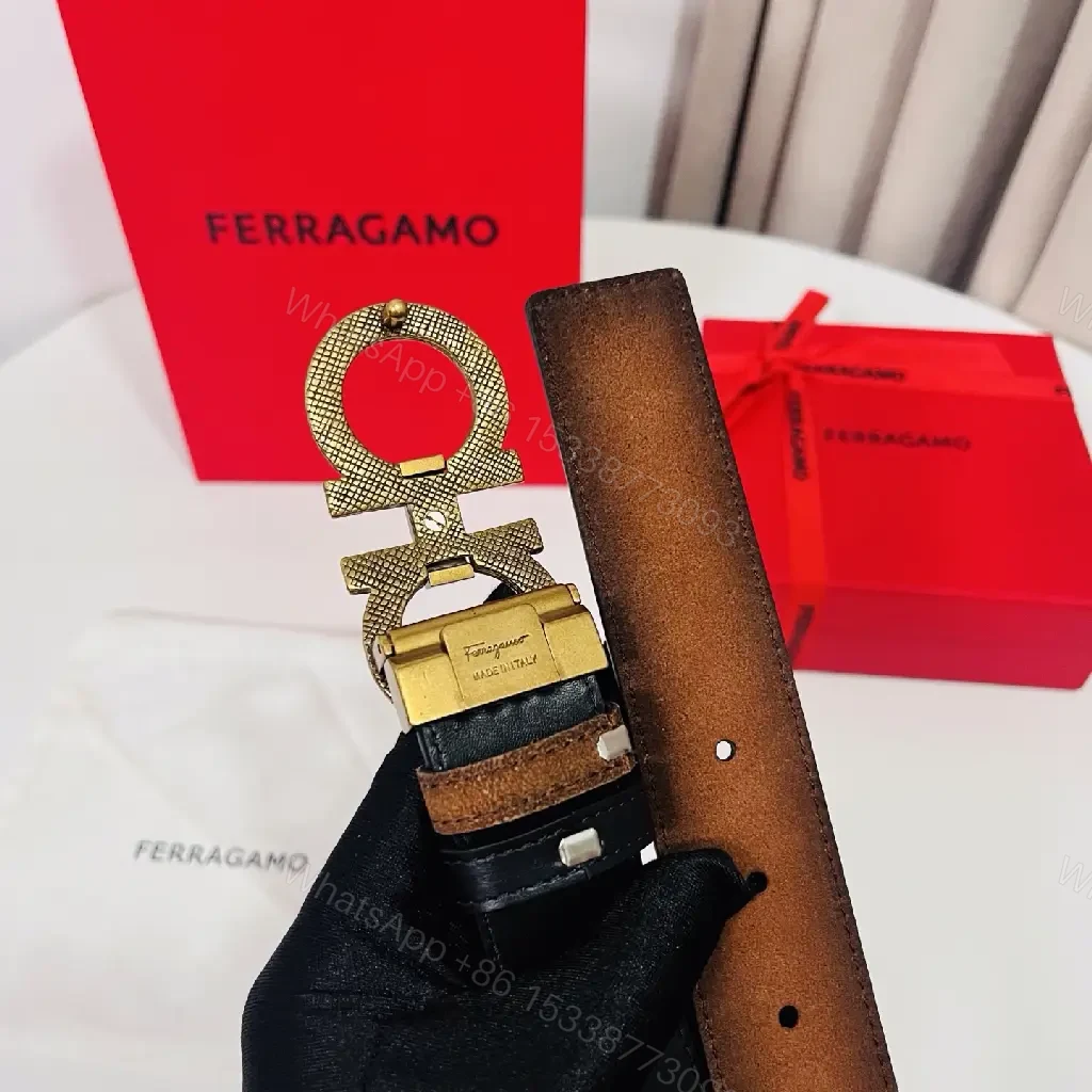View 10 of Brown Leather Belt Distressed Matte Double-GC Buckle Ferragamo Logo Belt