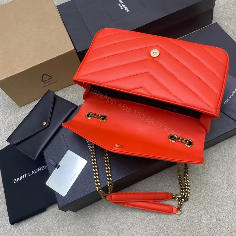 View 5 of Red Quilted Leather Crossbody with Gold YSL Logo