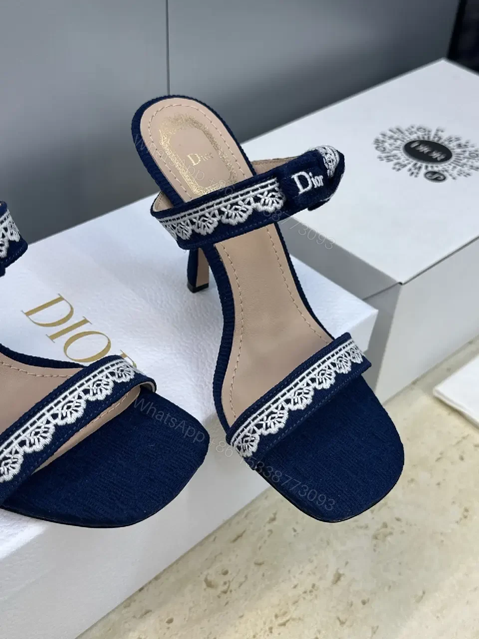View 4 of Navy Satin Lace-Trim Heeled Sandals - Open-Toe Stiletto