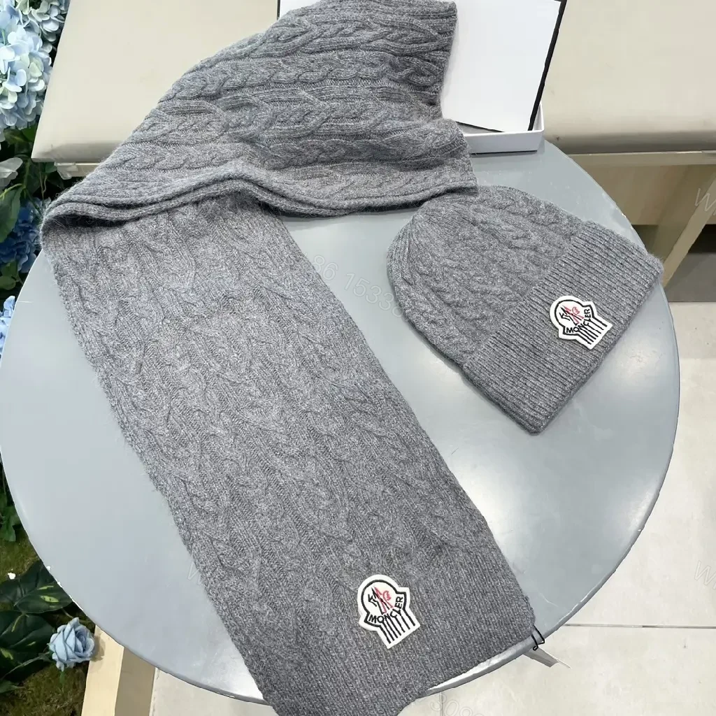 View 9 of Gray Cable-Knit Scarf & Beanie Set — Luxe Warmth, Subtle Moncler-Inspired Detail
