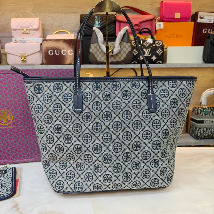 View 11 of First Copy Tory Burch T Monogram Large Zip Tote Bag Navy Blue