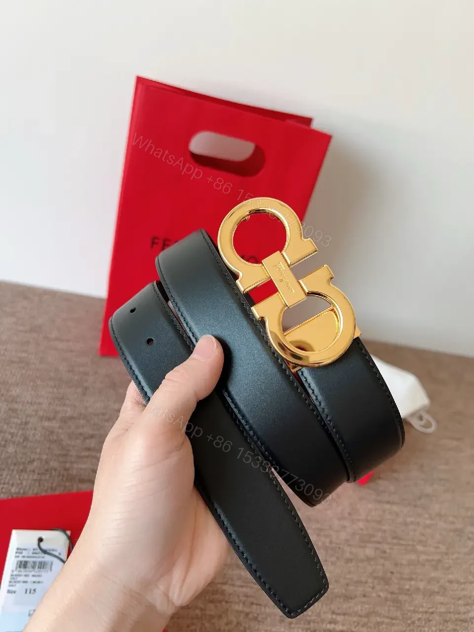 View 3 of Elegant Black Leather Belt with Gold Hardware