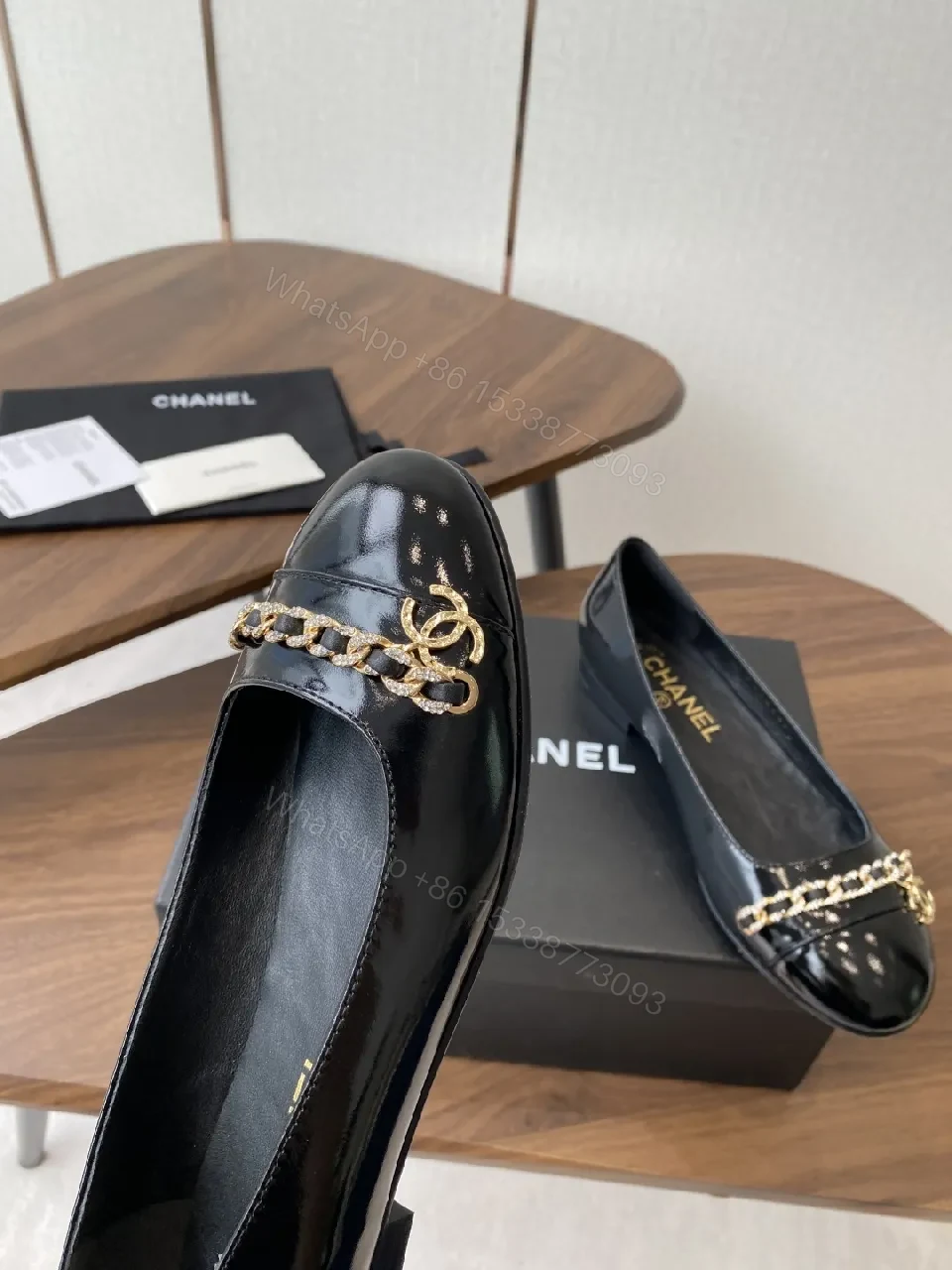 View 4 of Black Leather Ballet Flats with Gold Chain Hardware