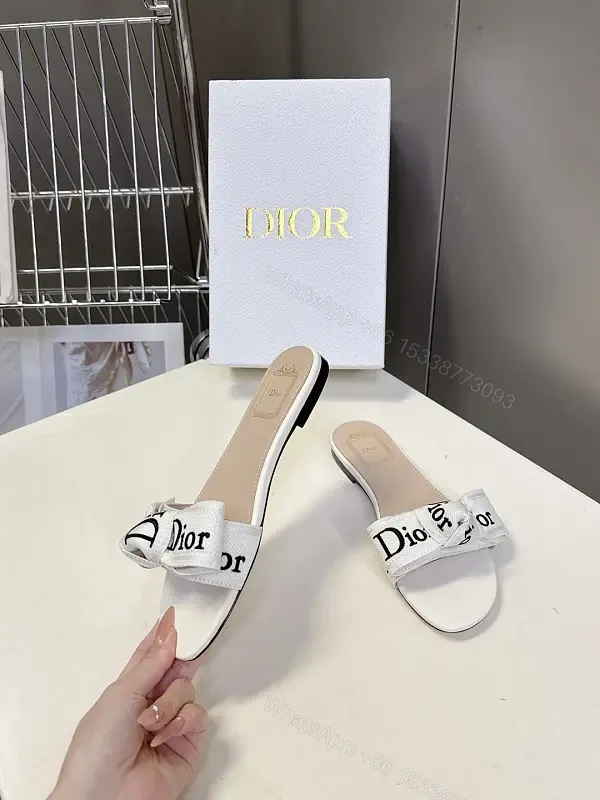 White Satin Dior-Logo Slide Sandals — view 1