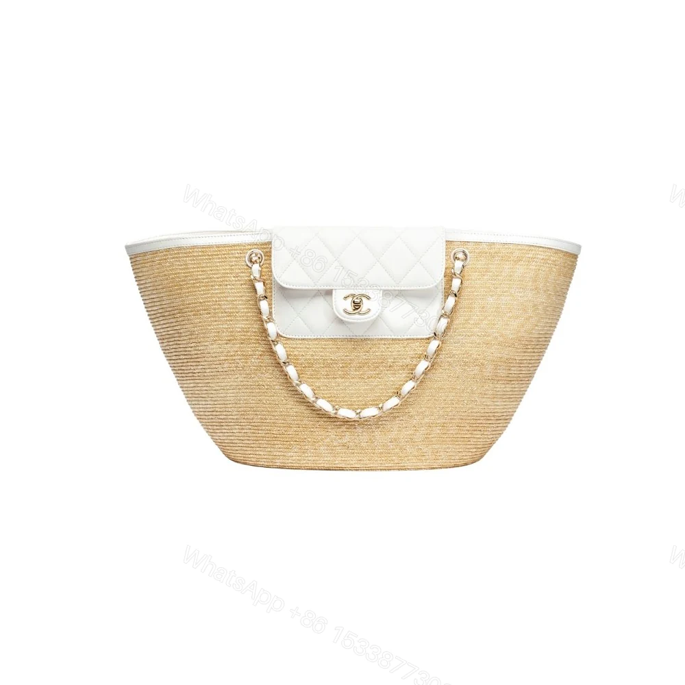 Chanel Small Shopping Bag Braided Straw Beige White 25Cm — view 1