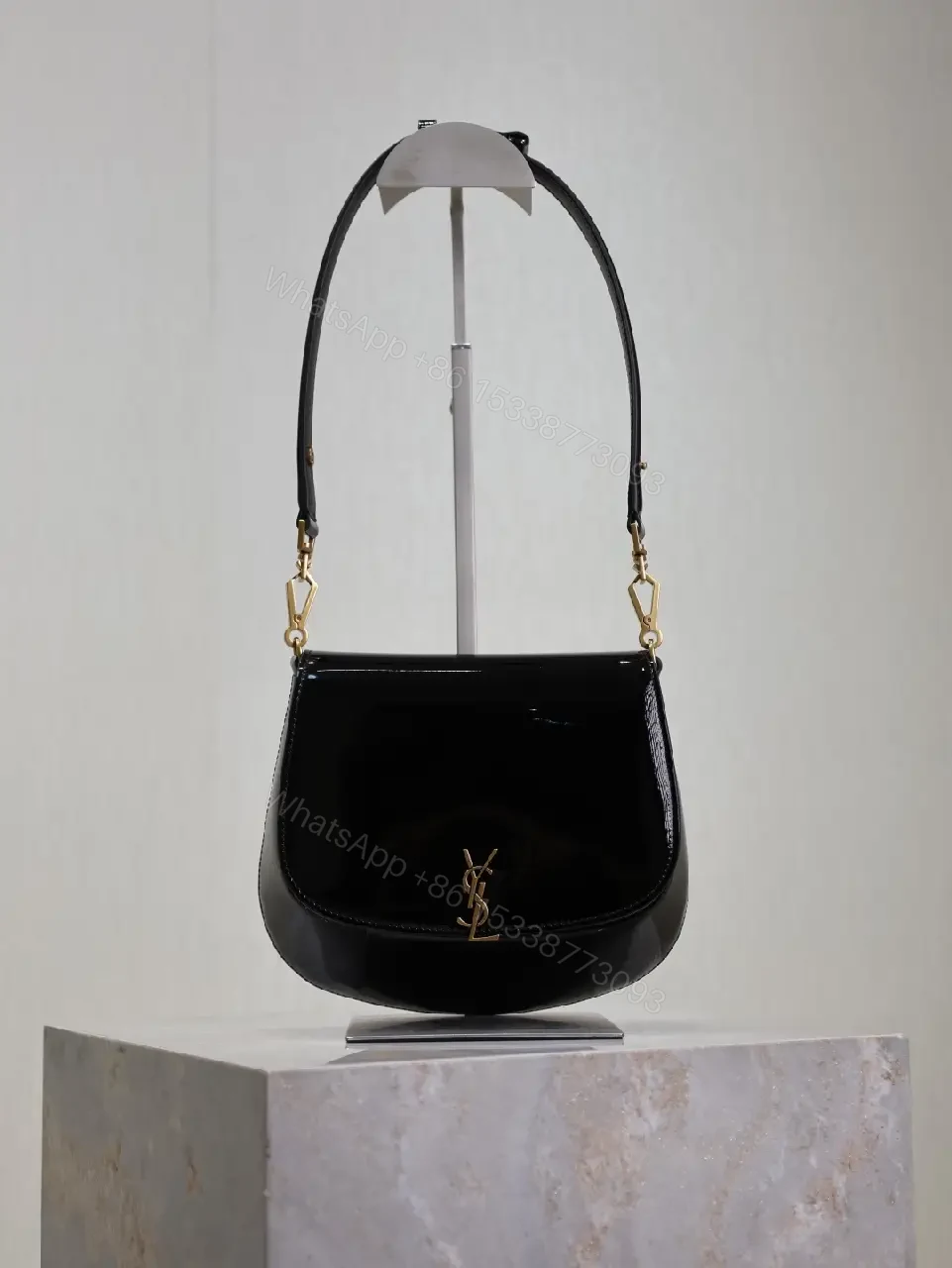 View 2 of Glossy Black Patent Leather Shoulder Bag with Gold Accent