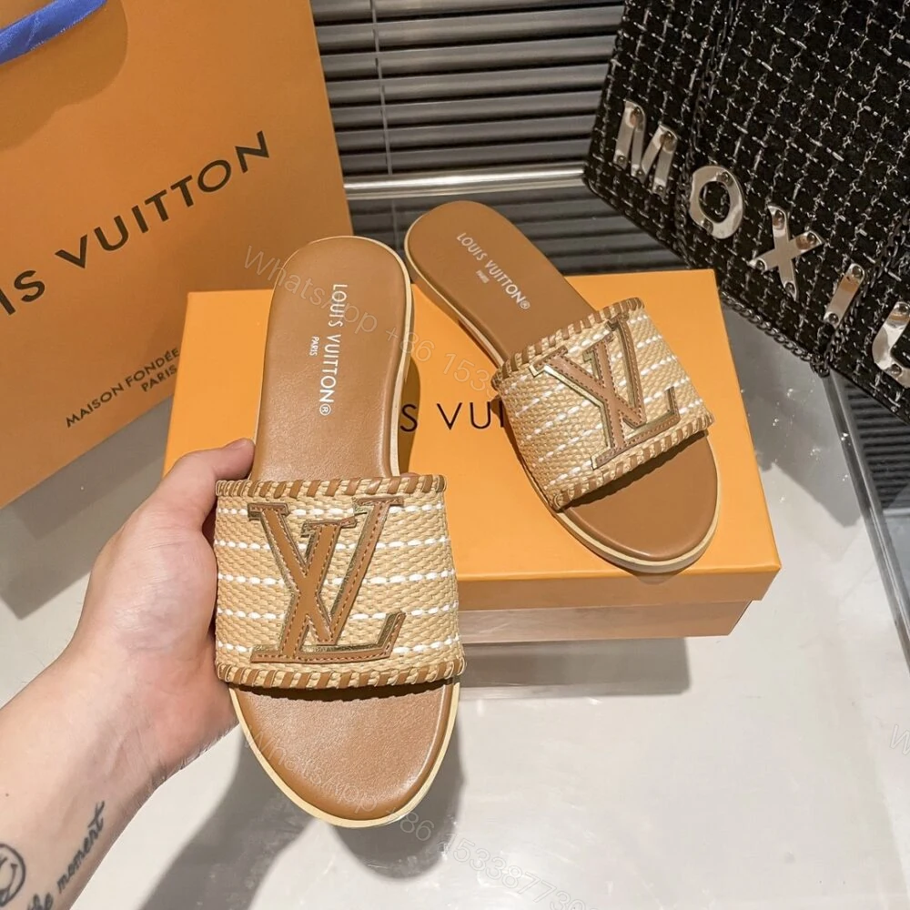 View 5 of Louis Vuitton Lock It Flat Raffia Mules Brown