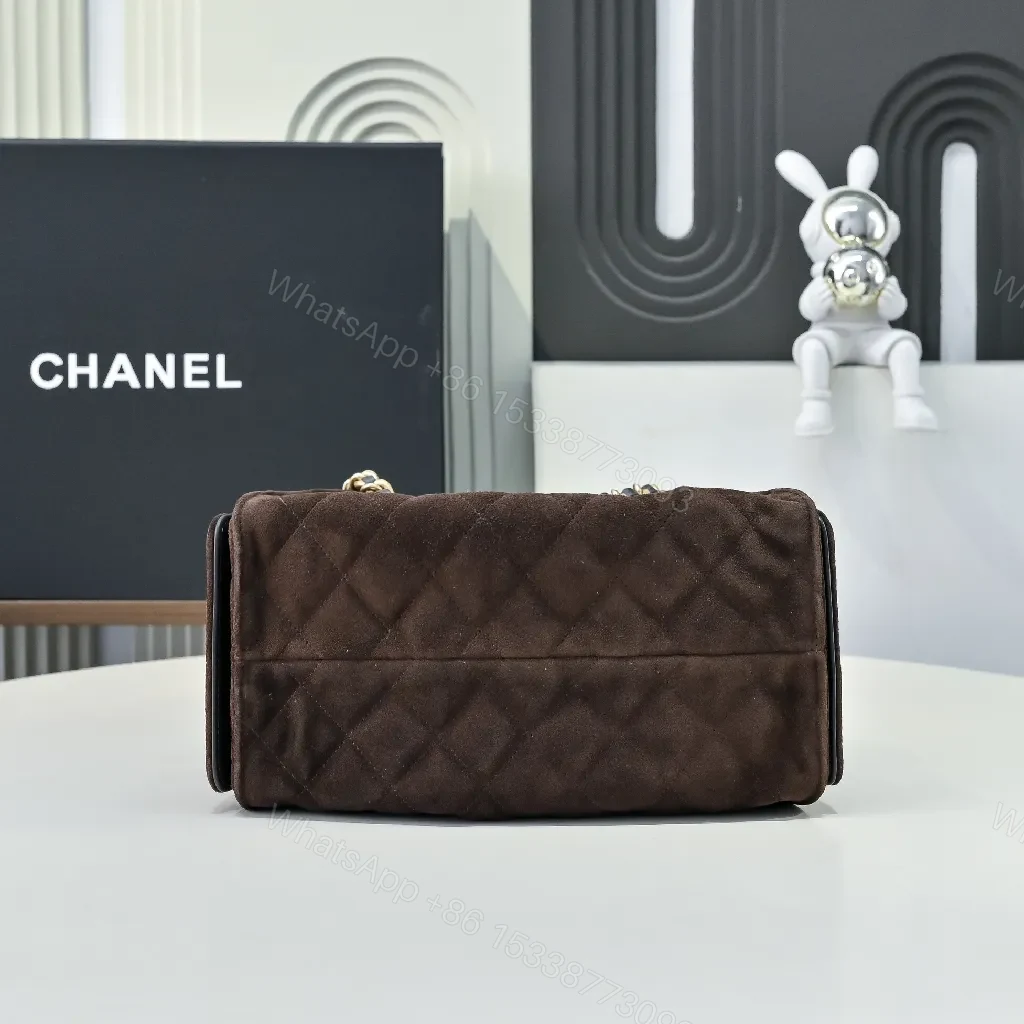 View 8 of Dark Chocolate Suede Bag with Gold Chain Detail, Flap Style Bag