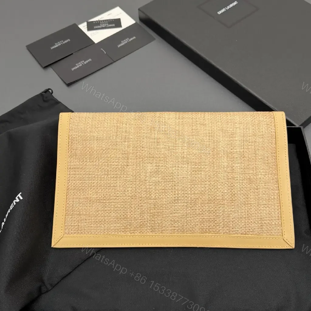 View 4 of Envelope-Woven Wallet on Chain: Luxe Textured Straw & Leather Trim