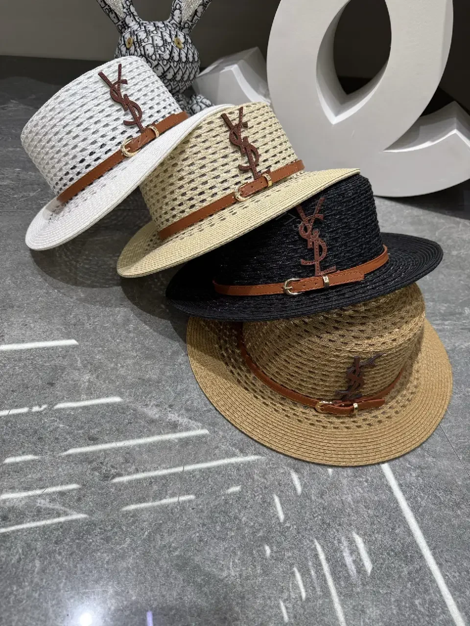 View 3 of Natural Straw Fedora Hat Leather Strap YSL Emblem