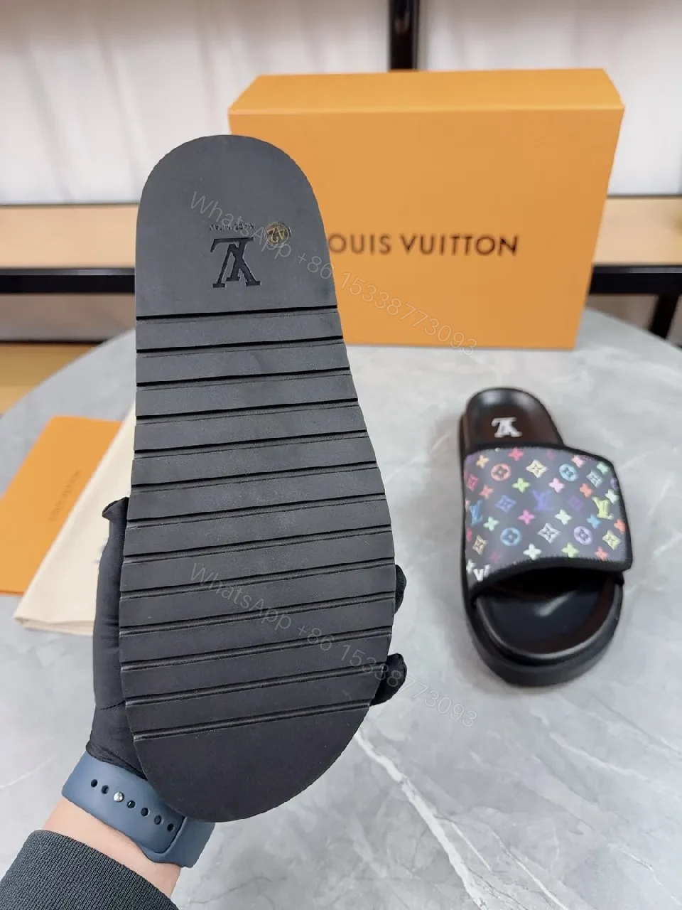View 3 of Rainbow Monogram Slide, Premium Comfort, Luxury Casual Slip-On