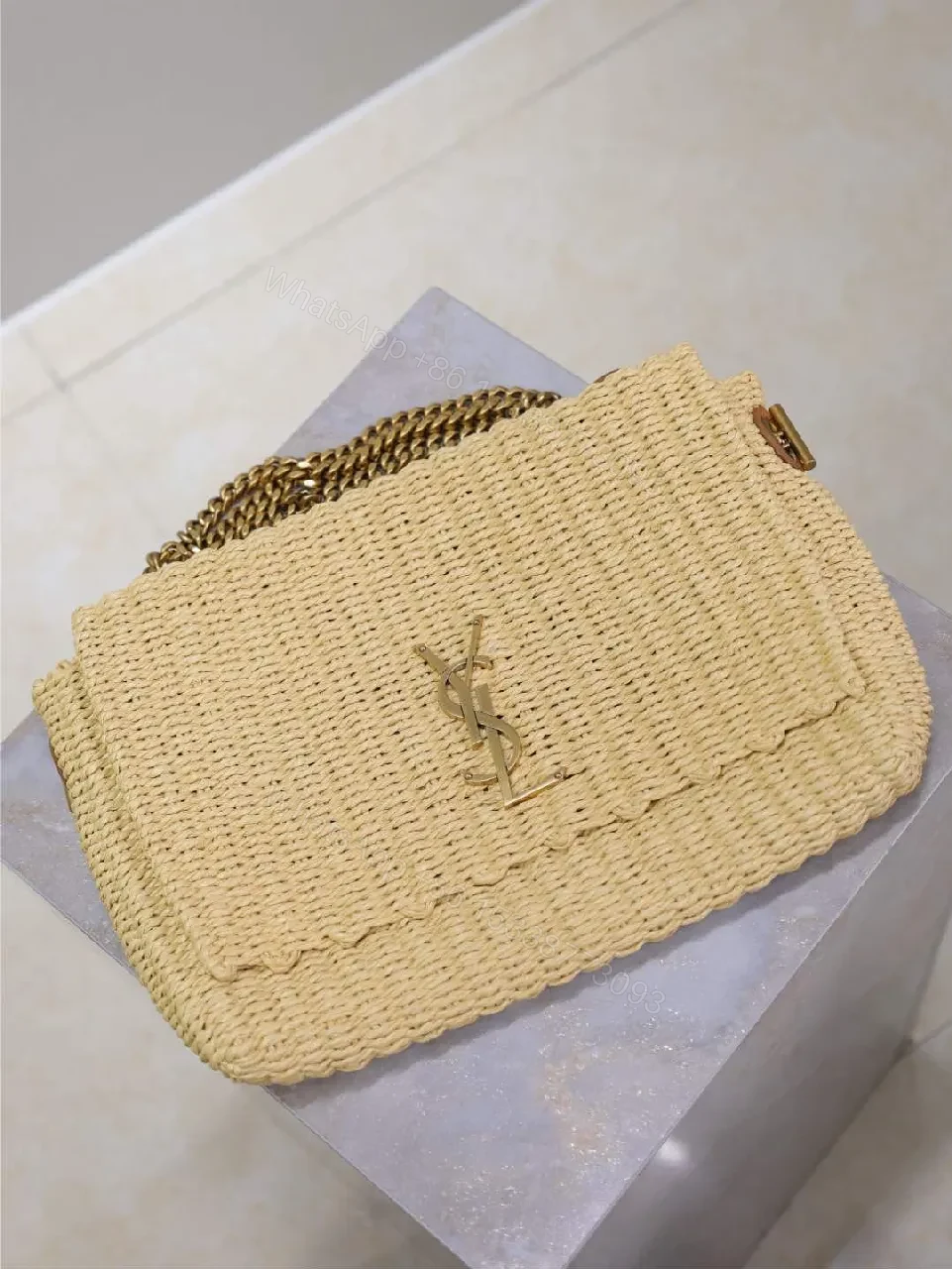 View 8 of Light Natural Straw Crossbody Bag, Monogram Charm, Modern Luxe