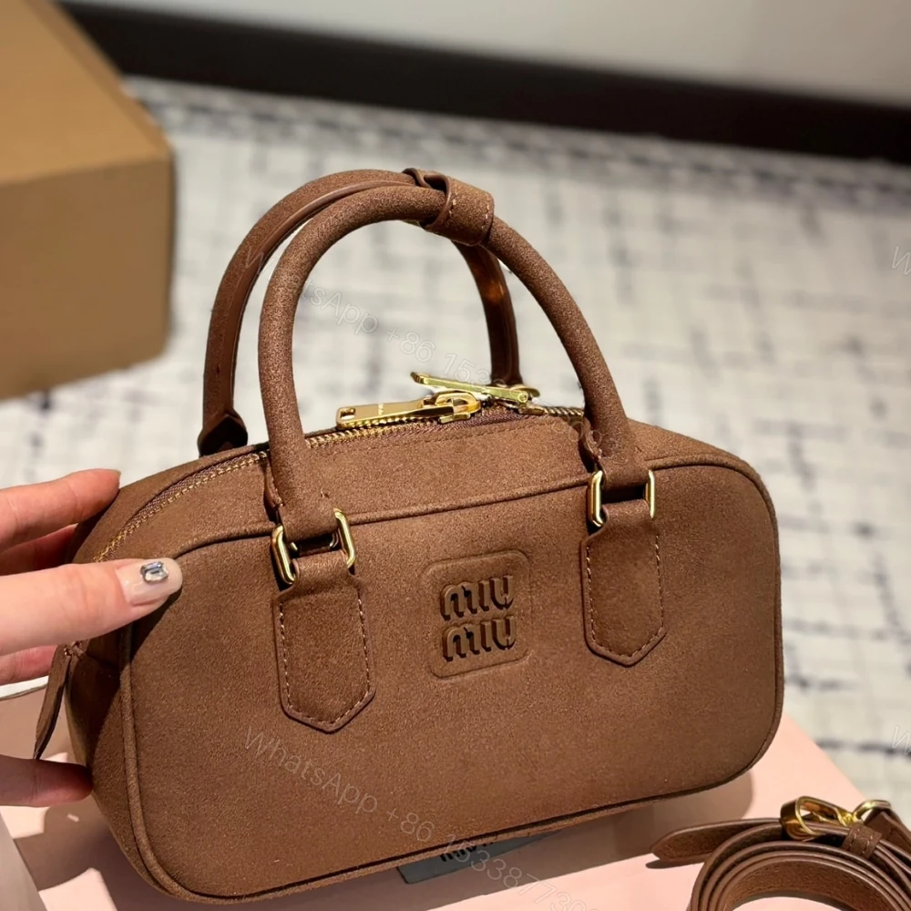 View 2 of MIUMIU ARCADIE PADDED SUEDE TOP HANDLE BAG COCOA BROWN 23CM 5BB142 2CS4 F0324 V OON