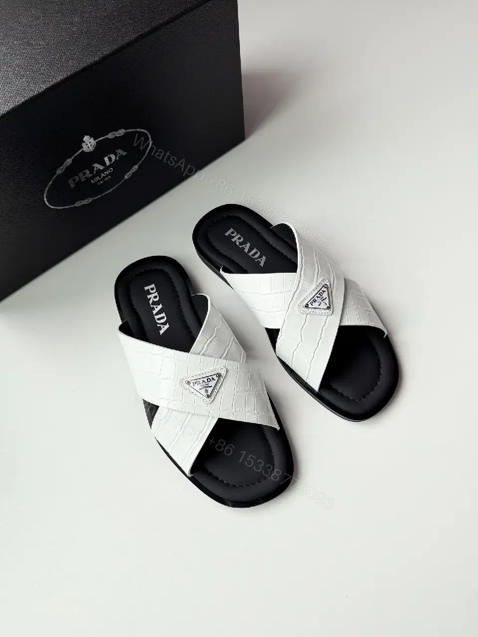 View 2 of White Crocodile-Texture Prada Slides Classic Casual Sandals