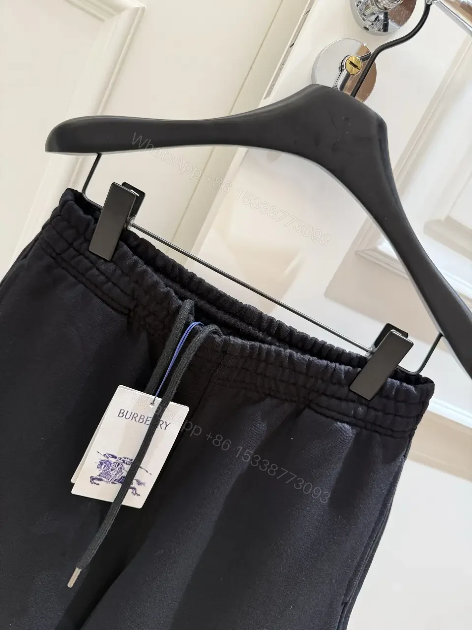 View 3 of Black Nylon Sweatshorts Drawstring Burberry Style Logo Embroidery Shorts