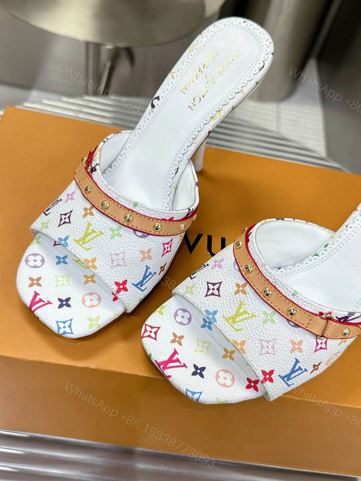 View 6 of LV Women White Multicolor Printed Leather Mules