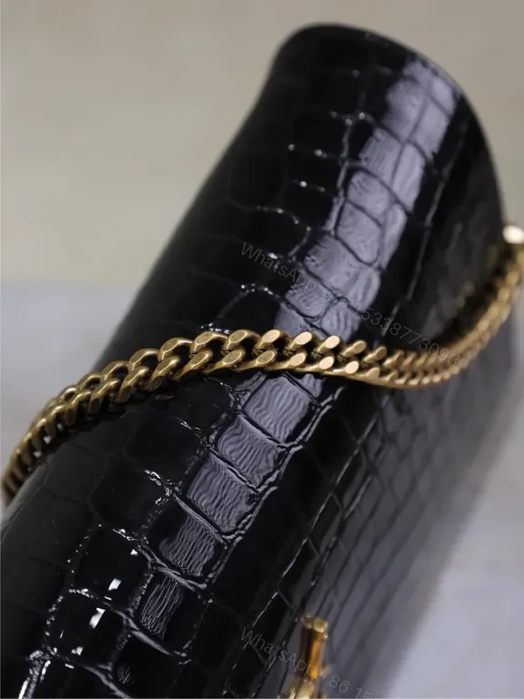 View 3 of Croc-Effect Black Leather Bag with Gold YSL Chain Strap