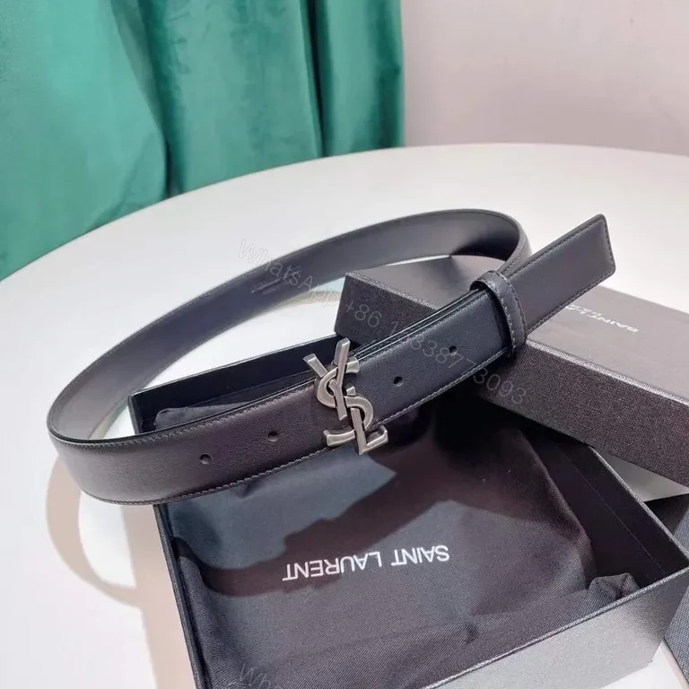 Bold Black Leather Belt with Signature YSL Buckle — view 1