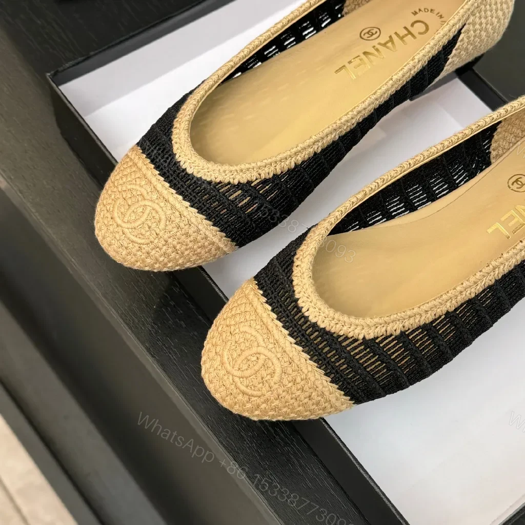 View 4 of Black knit + Linen beige + Chanel-inspired + Signature cap toe + Espadrille flats