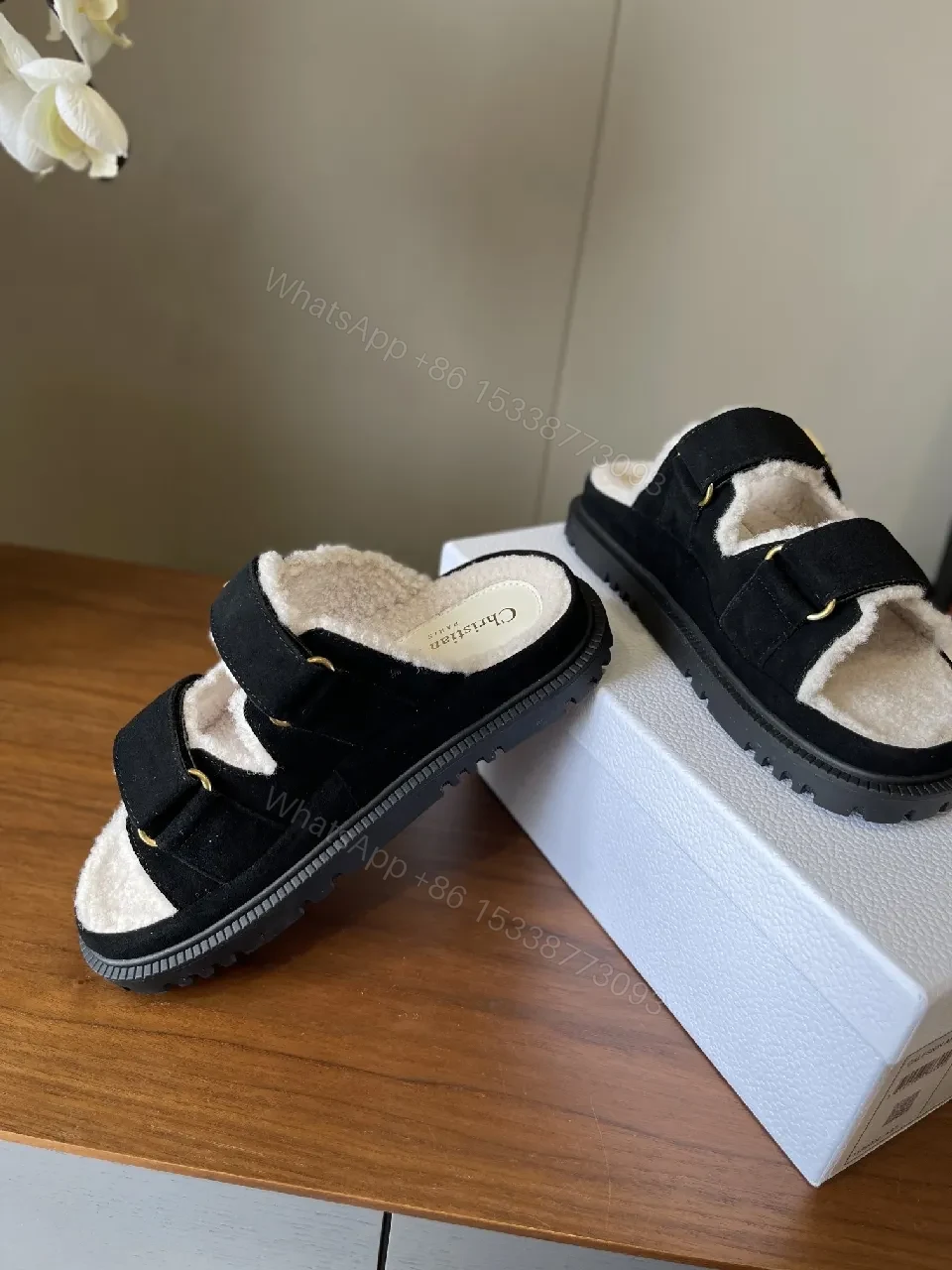 View 5 of Black/Sherpa-Textured Slides with Velcro Strap & Durable Outsole