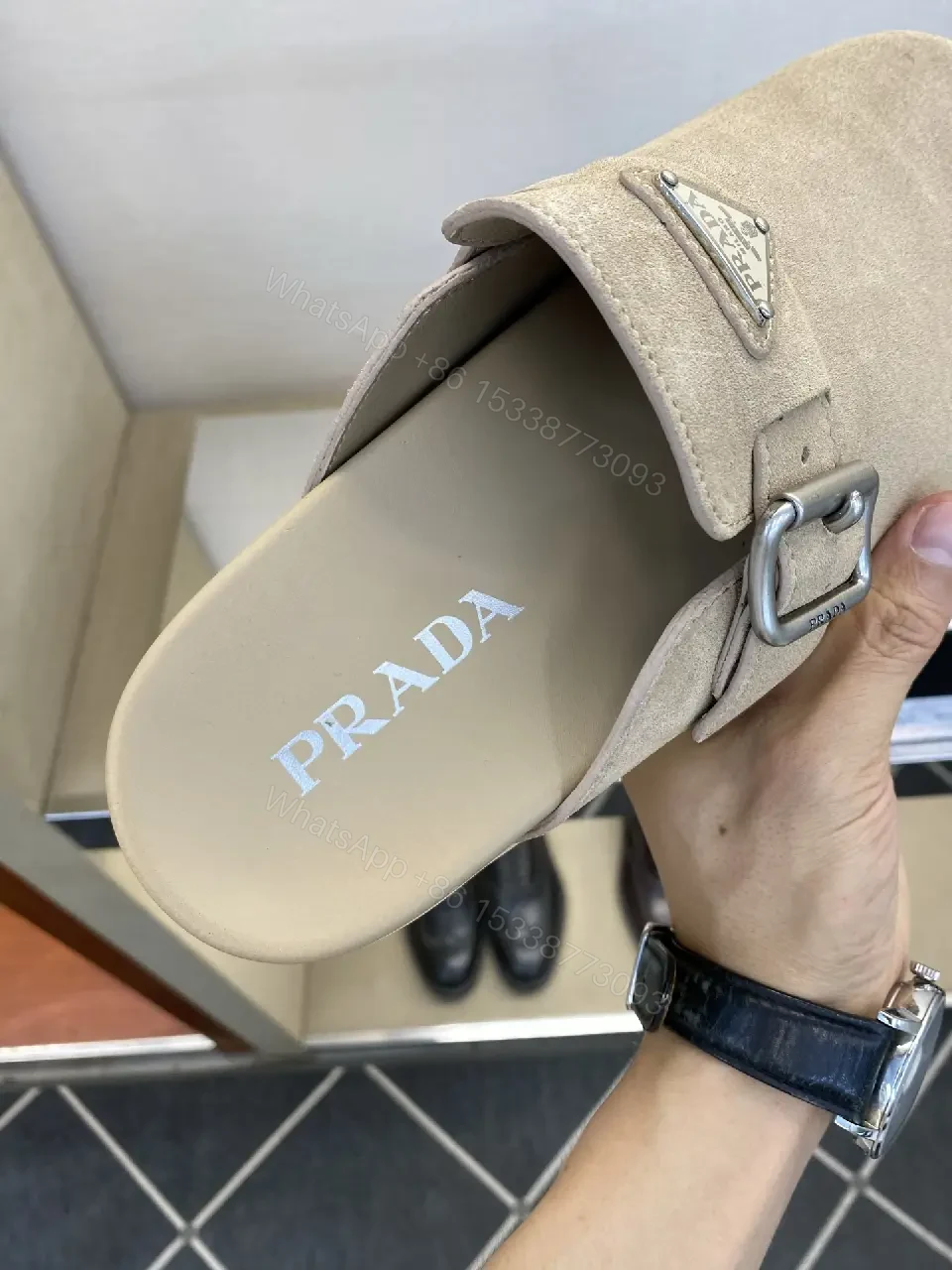 View 10 of Beige Suede Leather Prada Logo Mule Slippers