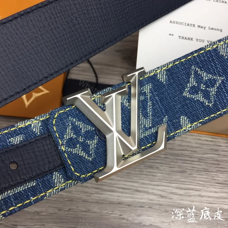View 4 of Denim Monogram LV Beltâ€”Luxury Silver Buckle Accessory