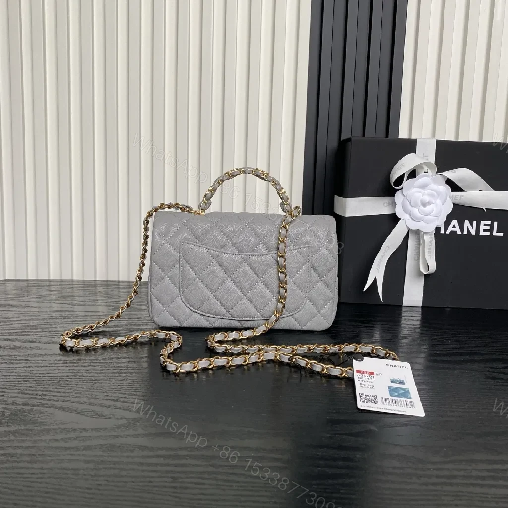 View 7 of Quilted Mini Flap Bag - Gold Chain, Grey Lambskin Leather