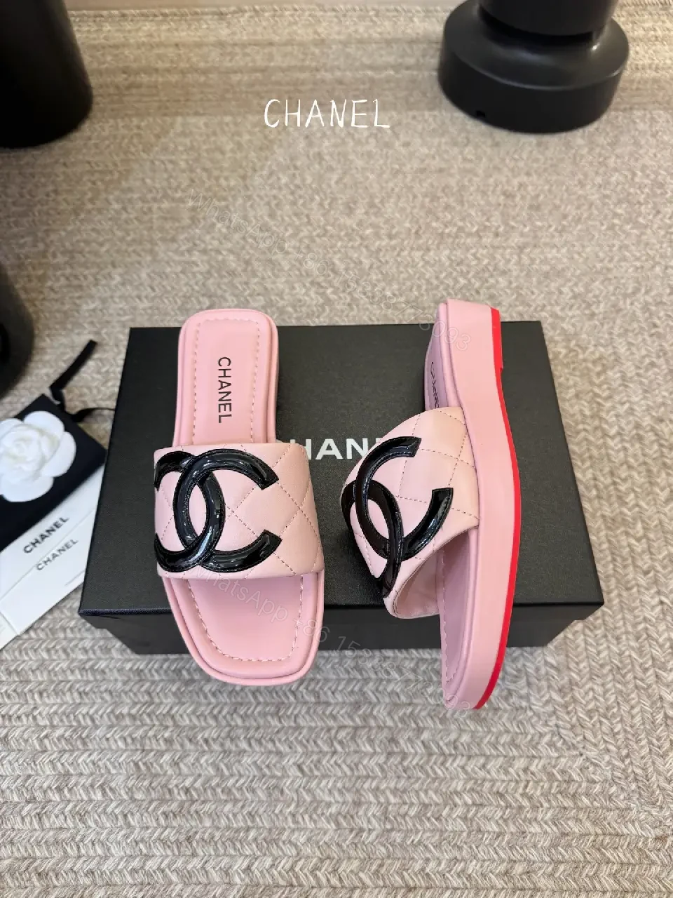 View 4 of Pastel Pink Faux-Leather Slides with Logo Hardware