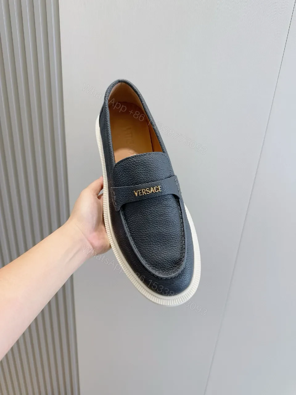 View 6 of Navy Leather Loafers with Luxe Twist, Slip-On, Cushioned Sole