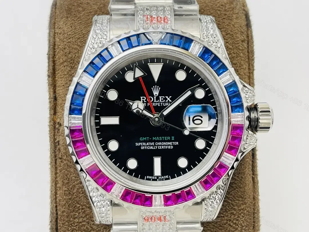 Rolex GMT-Master II Black Dial Paved Diamond Bezel 40mm RLX-GMT-BLK-DIA-PAV40 — view 1