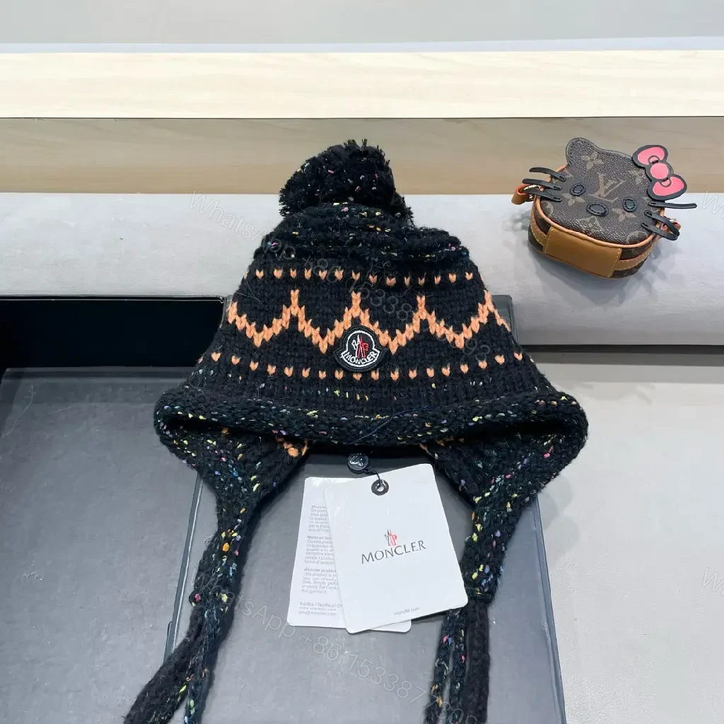 Black Wool Earflap Beanie, Chevron Knit, Pom Pom, Signature Detail, Beanie — view 1
