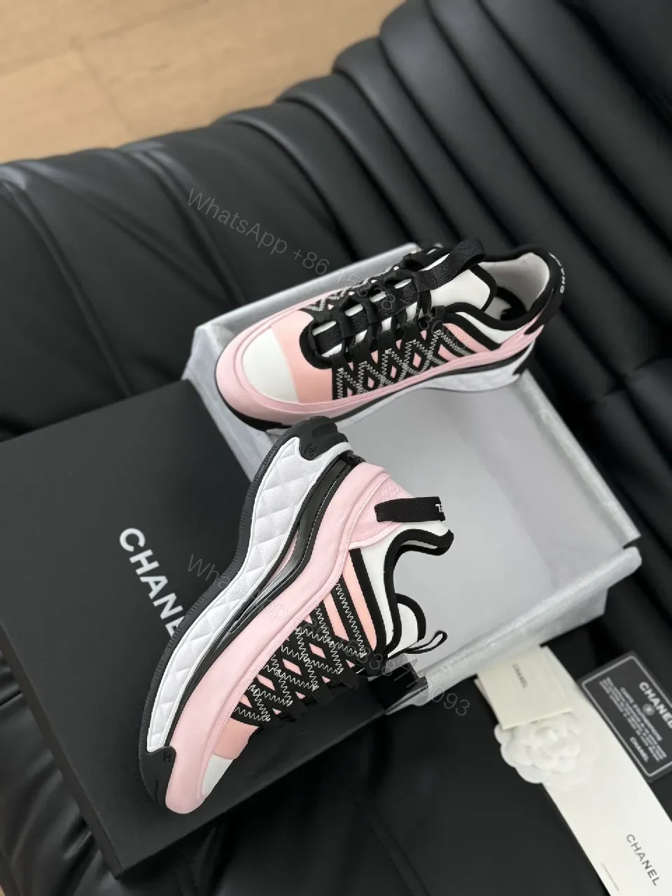 View 7 of Pink & Black Patterned Low-Top Sneakers with Luxe Details
