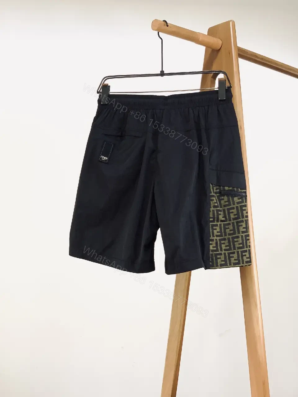 View 8 of Black Nylon Swim Shorts Fendi-Pattern Patch Drawstring Waist Quick-Dry Shorts
