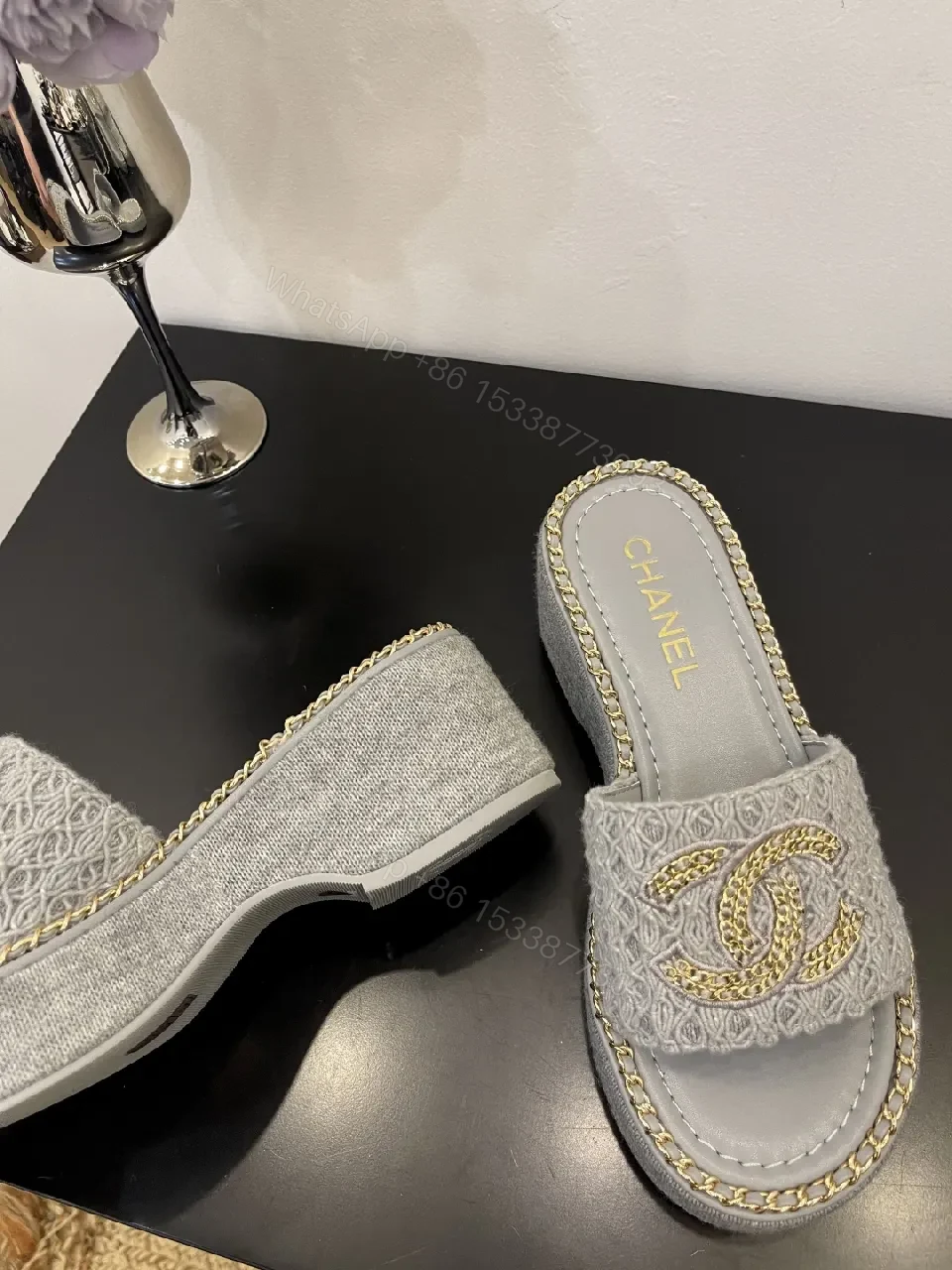 View 8 of Neutral Textile Slip-Ons with Gold-Chain Edge