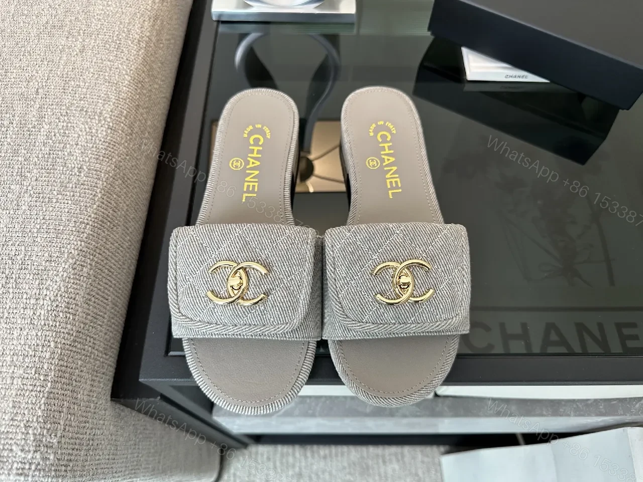 View 3 of Soft Denim Slides + Denim Texture + Minimalist Luxury + Gold Emblem + Slides
