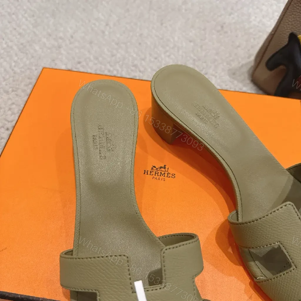 View 8 of Olive Green Leather H-Style Sandals Hermès Style Slide