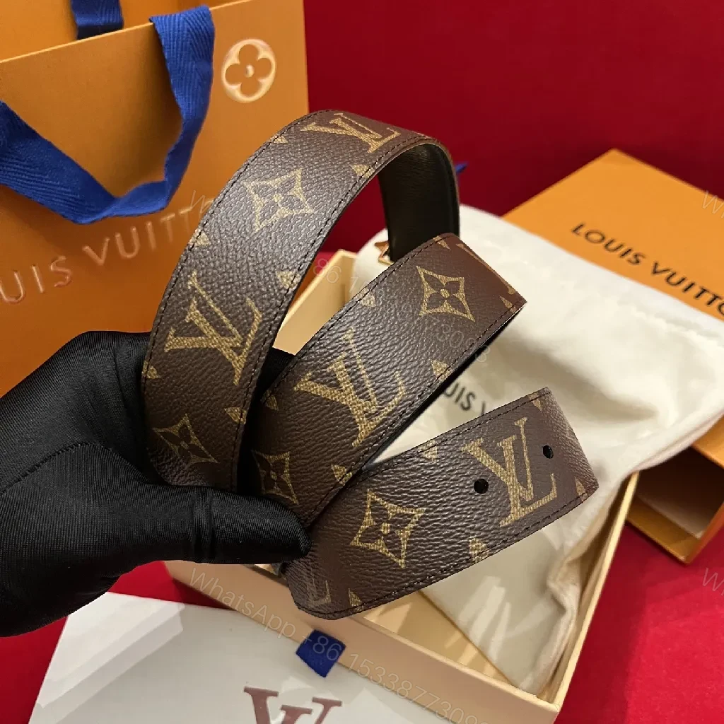 View 4 of Brown Canvas Belt, Gold Fleur-de-Lis Buckle, Monogram-Style, Statement Accessory