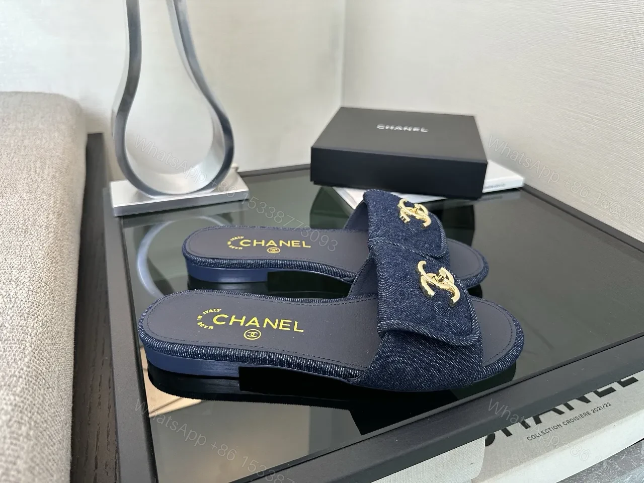 View 6 of Denim-Trim Slide Sandals: Luxe Comfort, Gold CC Detail