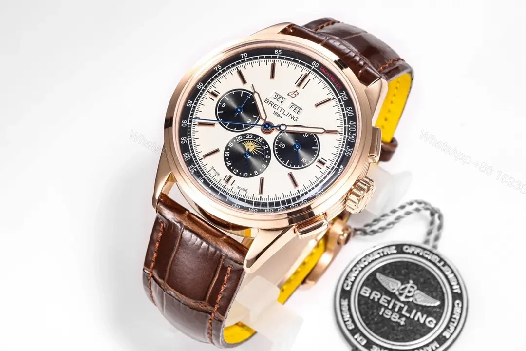 View 2 of ZF Factory Breitling Premier Series Rose Gold Blue and White Dial Brown Leather Strap Watch