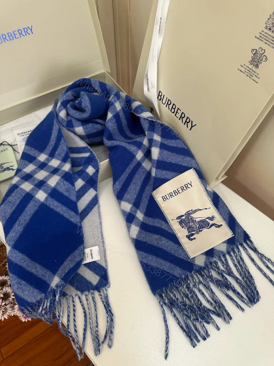 View 6 of Blue Plaid Throw with Fringed Edge – Luxurious All-Season Comfort