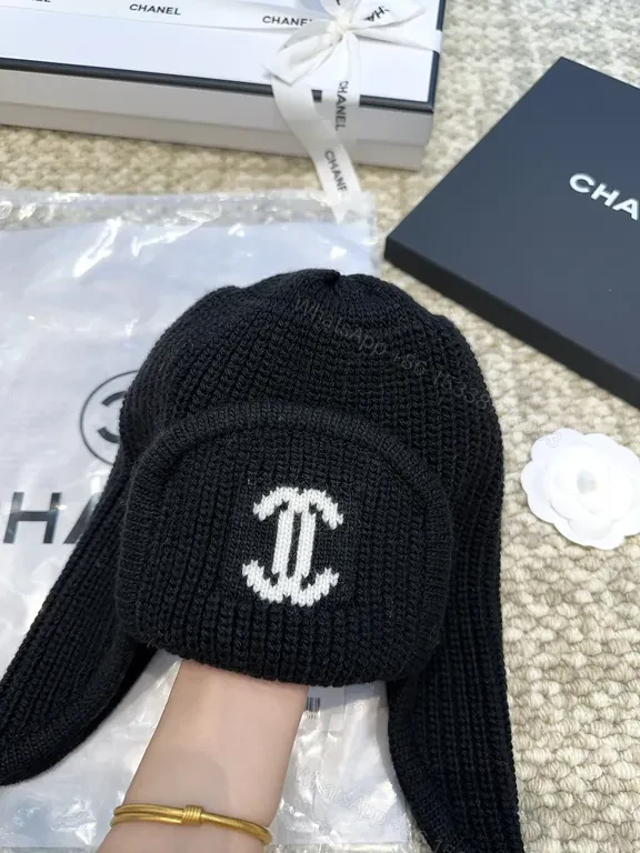 View 3 of Chanel-Inspired Knit Ear Warmer Cap with Logo Patch