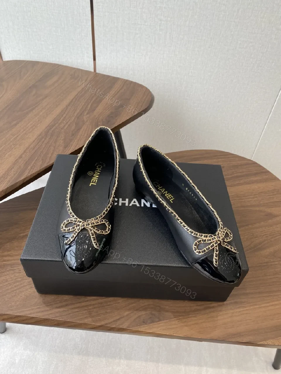 Black Leather Ballet Flats with Chain Bow Accent - Luxe Style — view 1