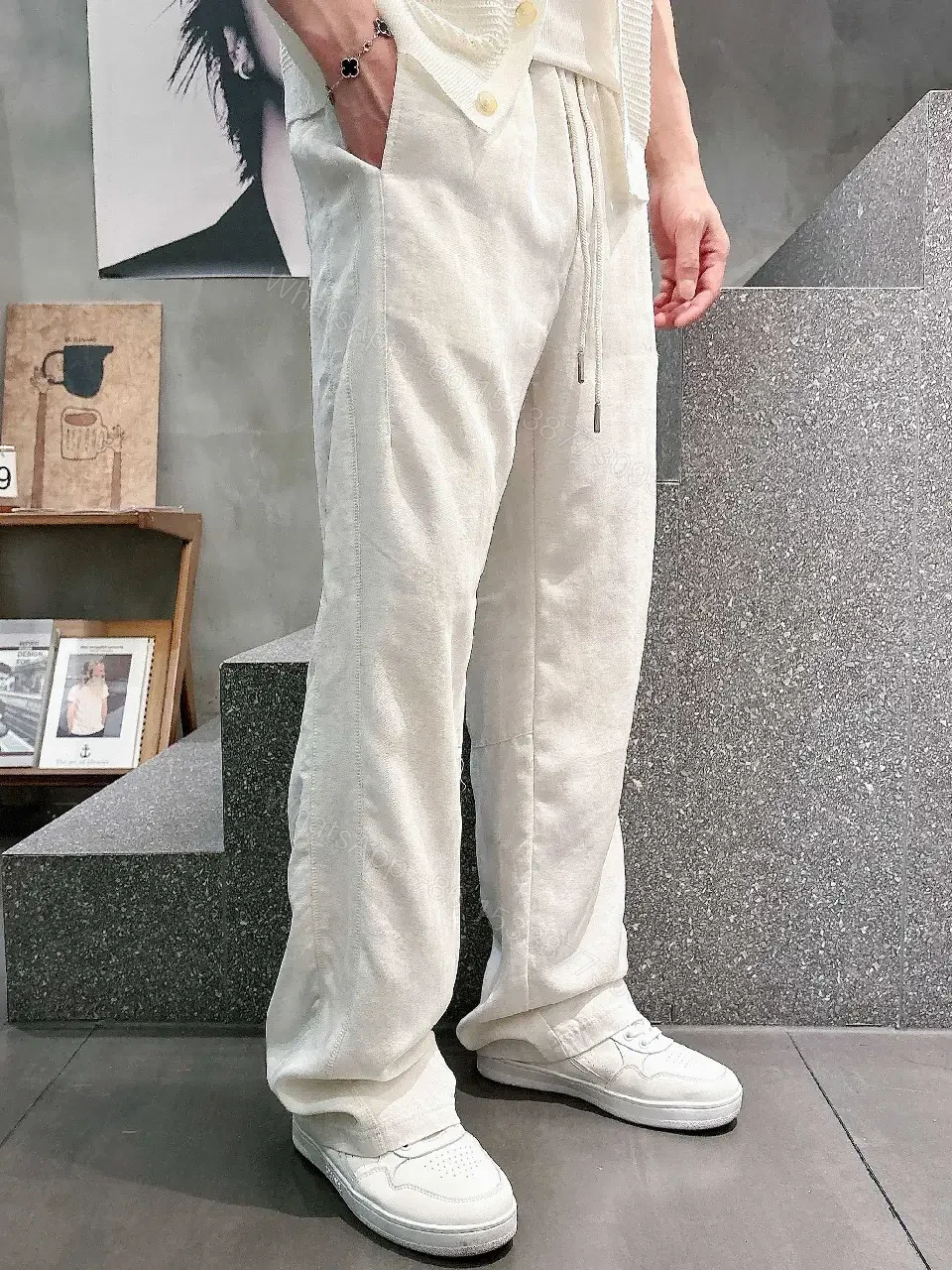 View 11 of Off-White Cream Linen-Look Wide-Leg Drawstring Pants