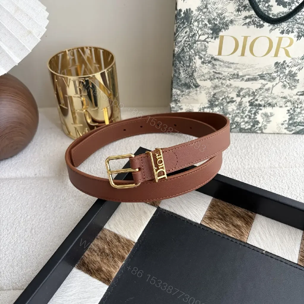 View 6 of Brown Leather Minimalist Belt with Gold DIOR Emblem Strap
