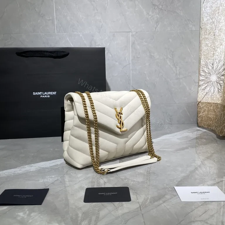 View 4 of White MatelassÃ© Shoulder Bag with Gold Chain - YSL Style Bag